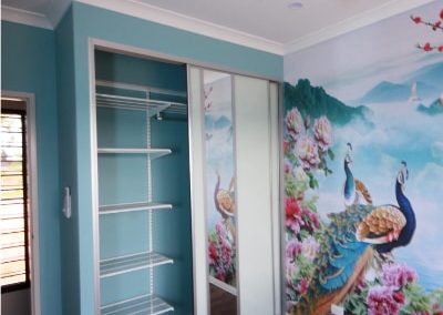Children's Bedroom With Aqua Walls and sliding glass doors