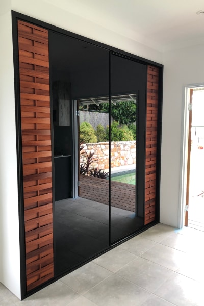 Louvre Timber & Black Glass Built In Cupboards