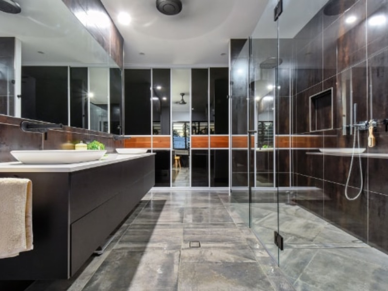 Bathroom Cupboard Black Glass & Mirror Sliding Doors with Timber Feature Tropix Homes