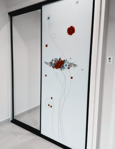 Black Frame Sliding Wardrobe Doors with Flower Artwork