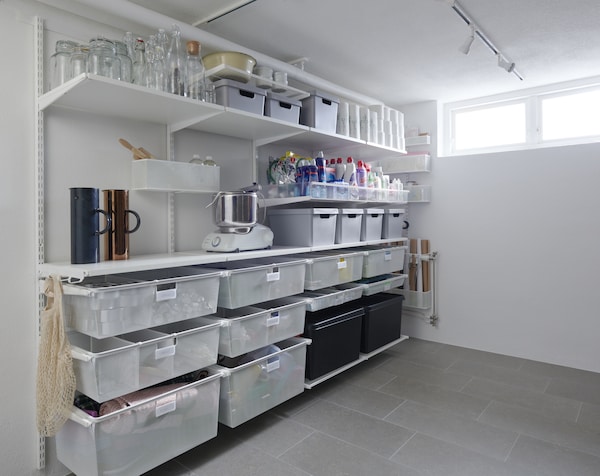 Stay organised in your kitchen pantry with elfa's pullout drawers, shelves and vertical shelves