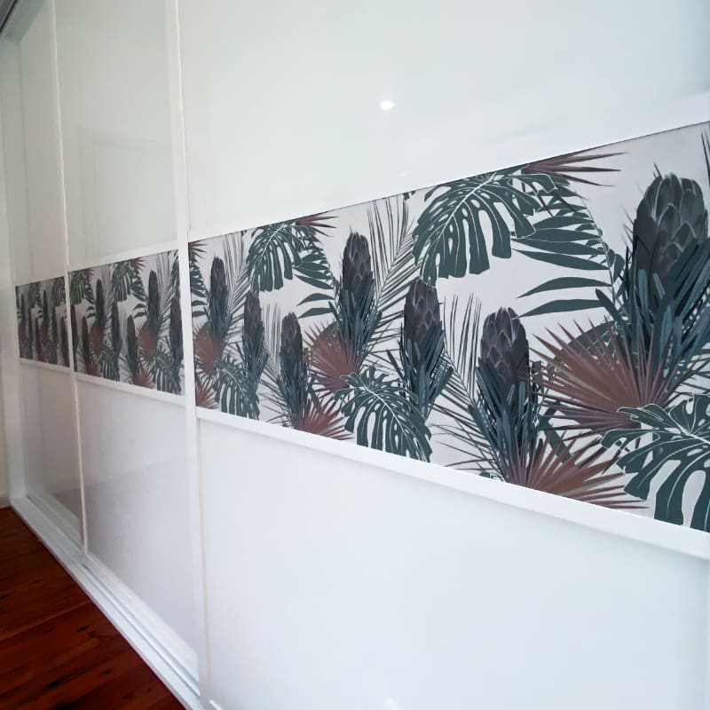 Bedroom Sliding Doors with White Glass & Decorative Feature Panel - Botanical Wallpaper